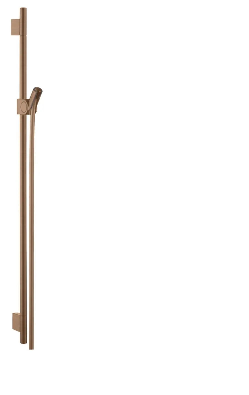 Brausestange von AXOR in gebürstetem Rotgold, vertikal montiert, mit einem schlanken Design, unterstützt durch einen integrierten Brauseschlauch, an hellerer Wand hinterlegt.